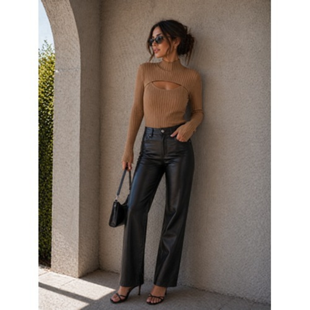 Jonathan Simkhai Sweater Womens M Brown Ribbed Cutout Mock Neck Layered 2 Piece